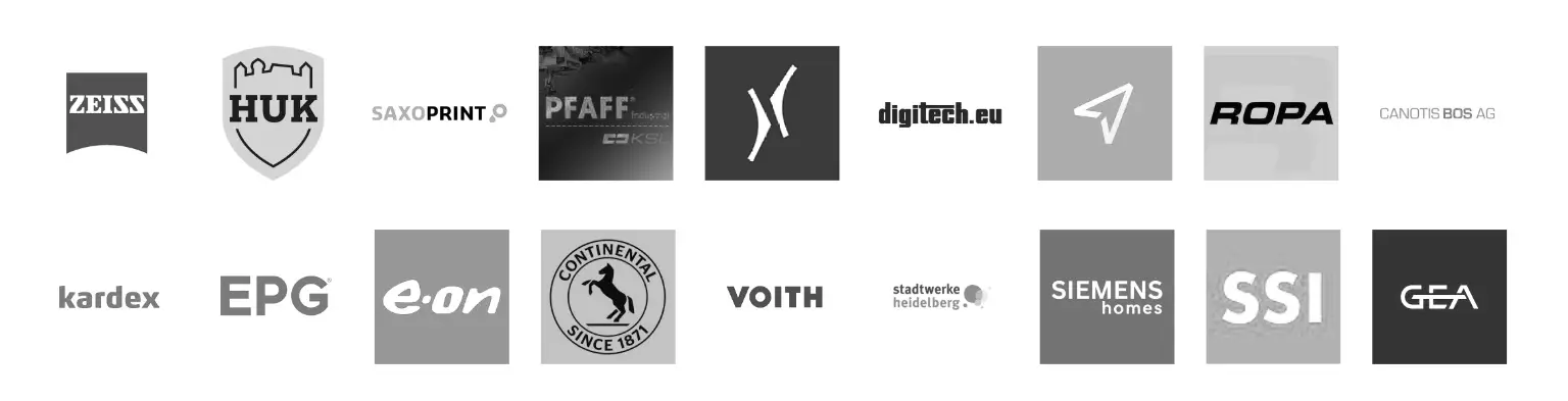 Kundenlogos: Zeiss, HUK, Saxoprint, Pfaff Industrial, digitech.eu, ROPA, Canotis BOS AG, kardex, EPG, E.ON, Continental, Voith, Stadtwerke Heidelberg, Siemens homes, SSI, GEA
